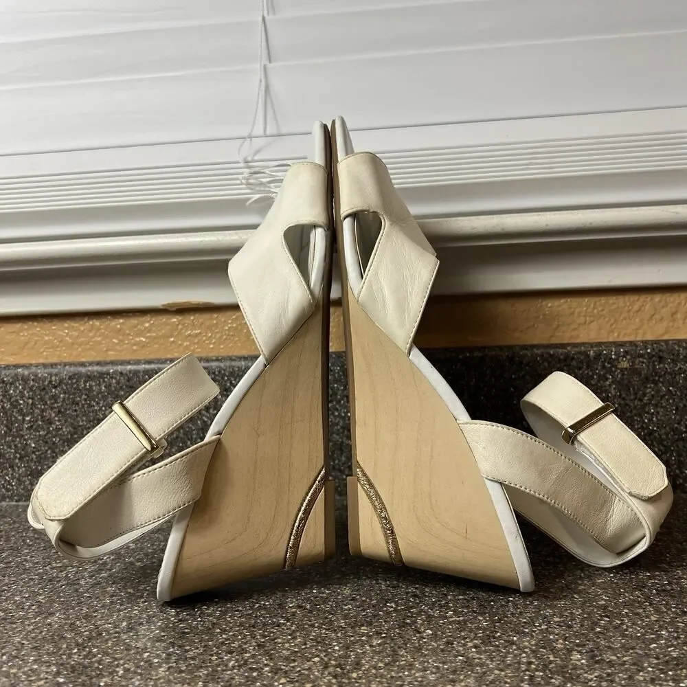Franco Sarto White Leather Wedge Sandals Women's Size 10 M Open Toe Ankle Straps